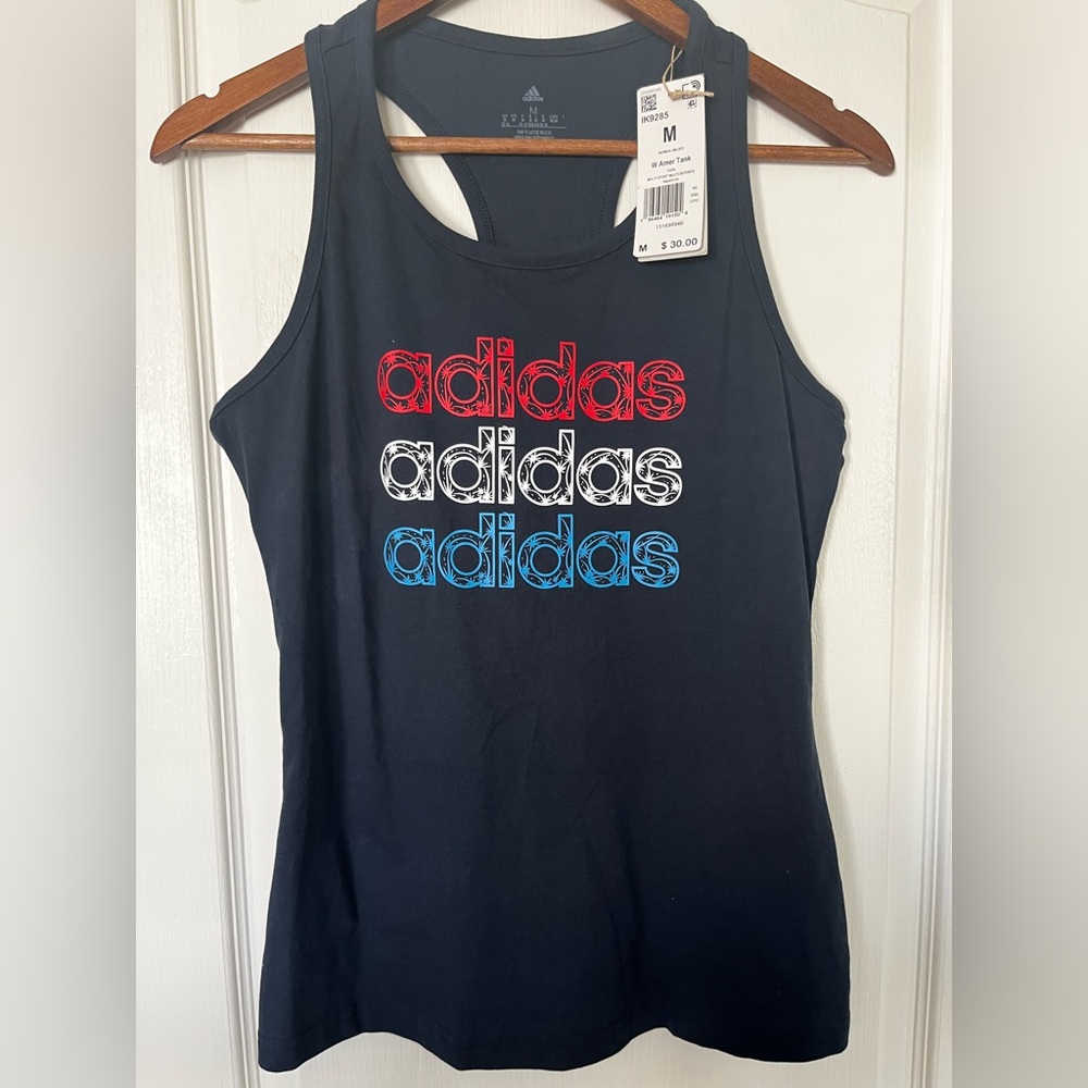 NWT Adidas Blue Tank with Red, White, and Blue firecracker Logo design